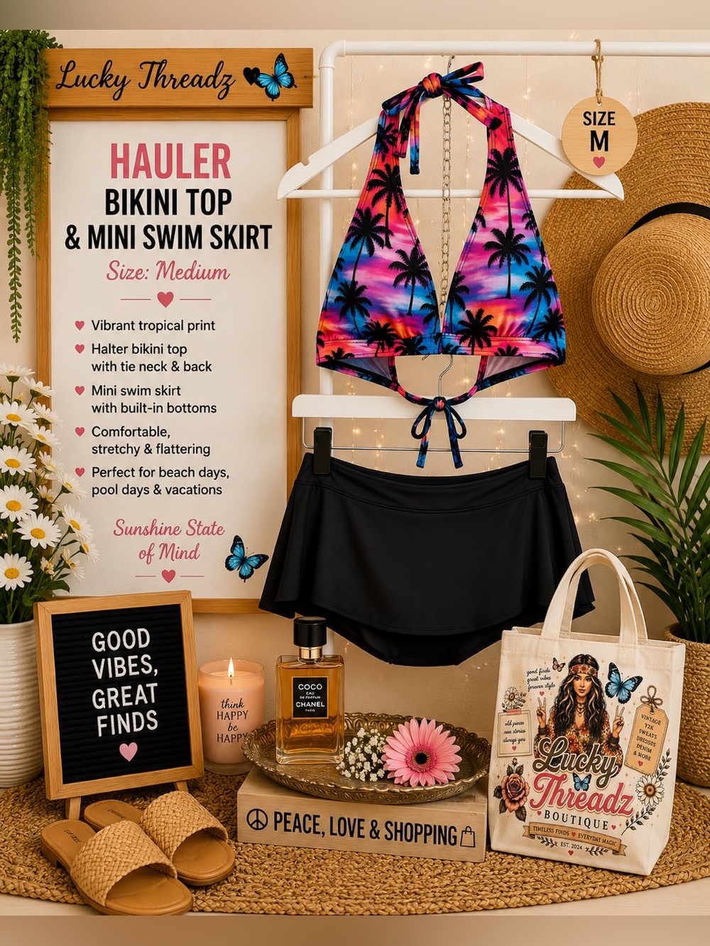 Halter Bikini Top with Black Mini Swim Skirt